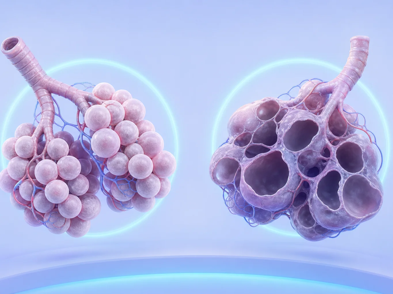 alvéoles saines et alvéoles détruites par l'emphysème pulmonaire