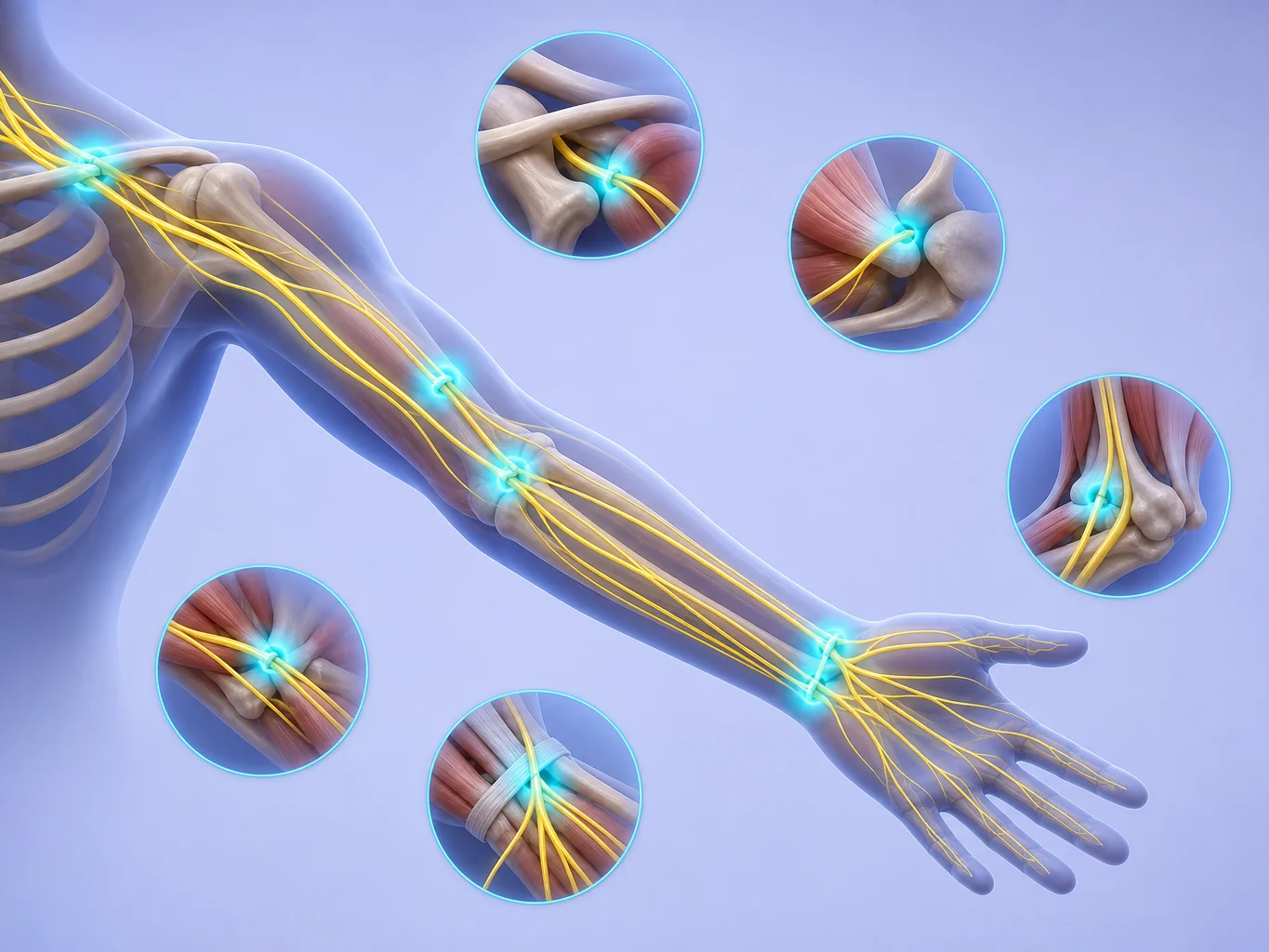 Trajet des nerfs du bras gauche et points de compression possibles