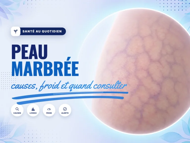 Peau marbrée (livedo) sur une jambe, motif réticulé violacé