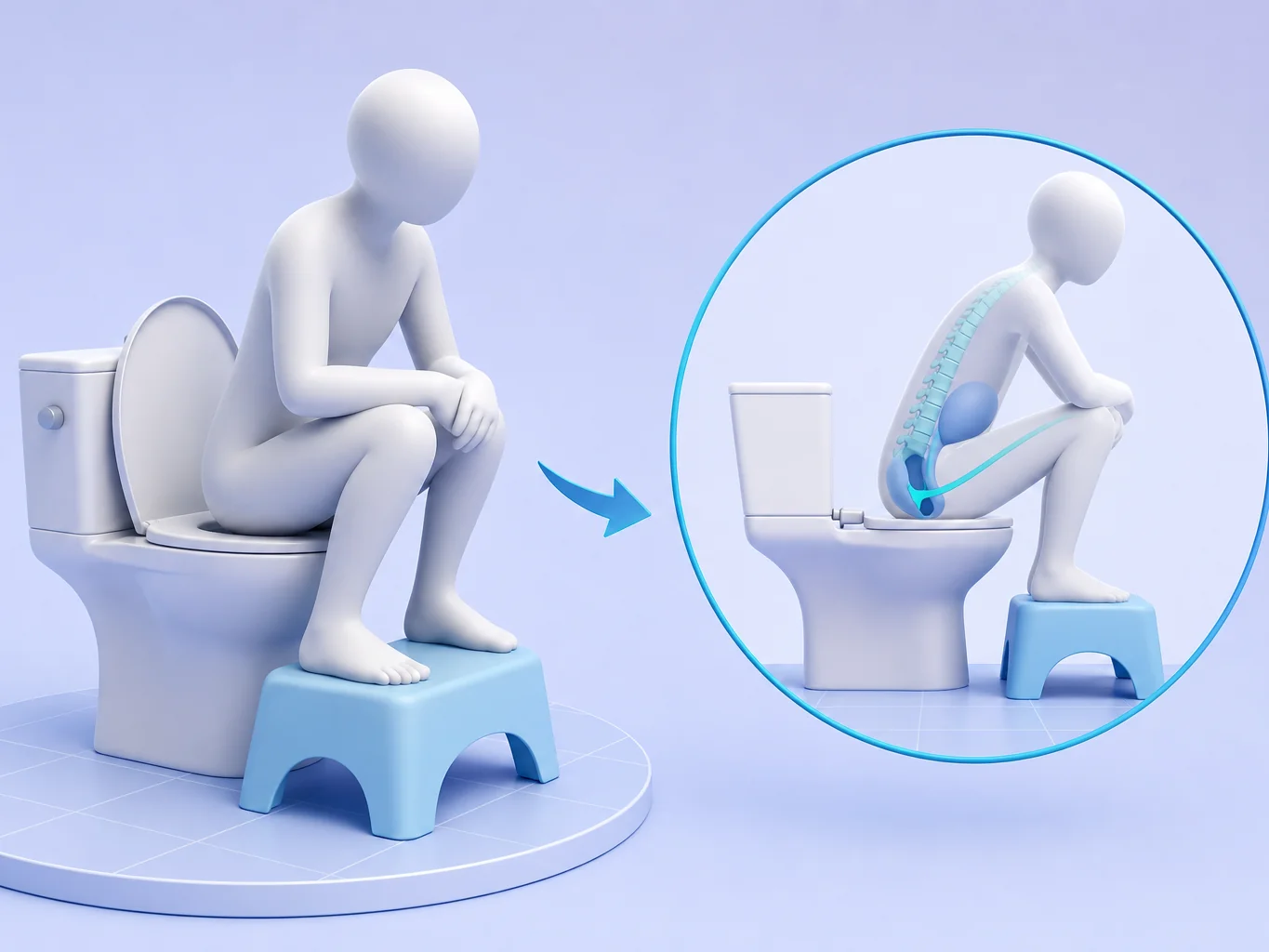Bonne position aux toilettes avec un tabouret pour faire sortir un caca bloqué