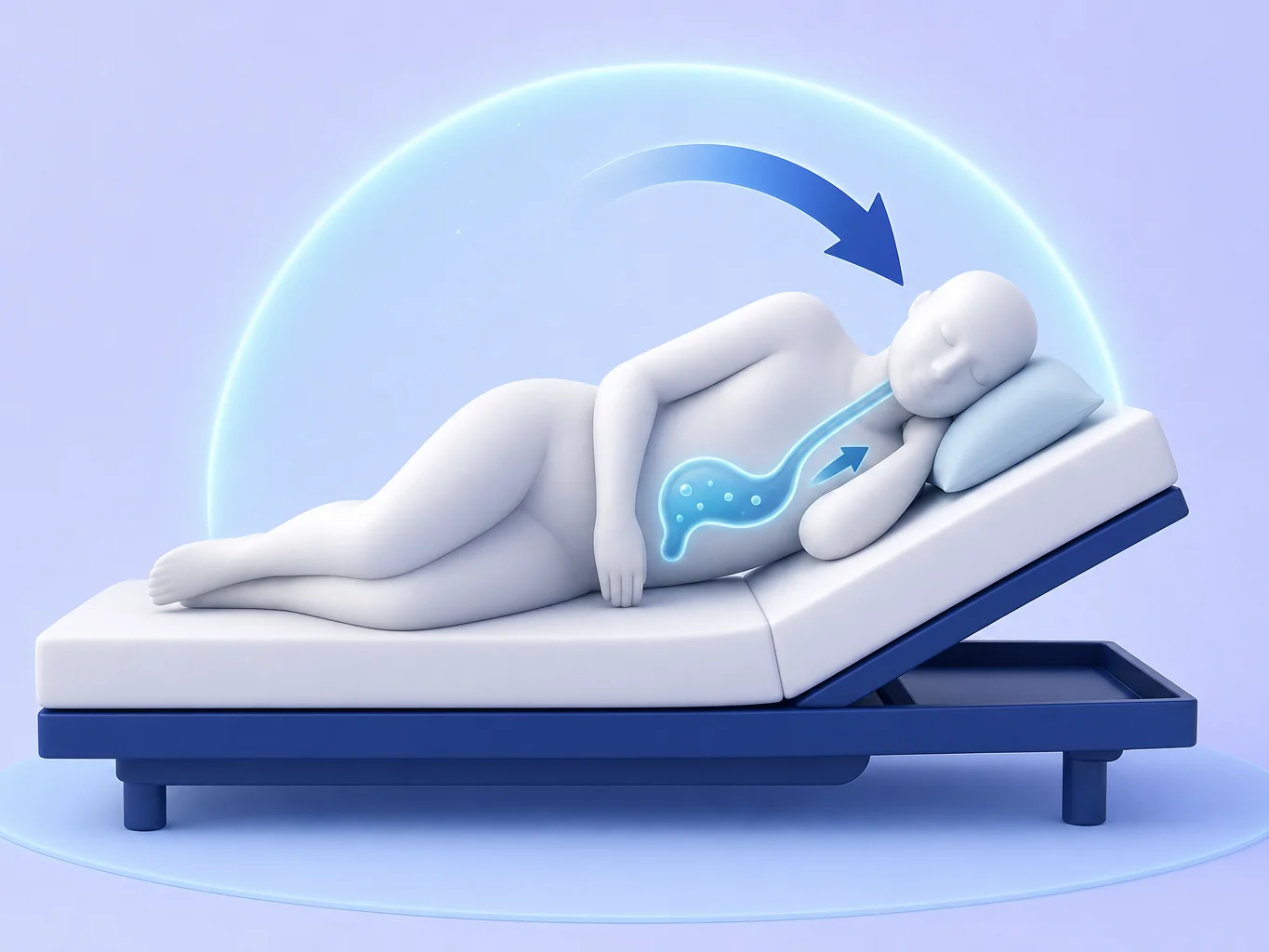 Schéma des positions pour éviter le reflux la nuit : tête de lit surélevée et côté gauche