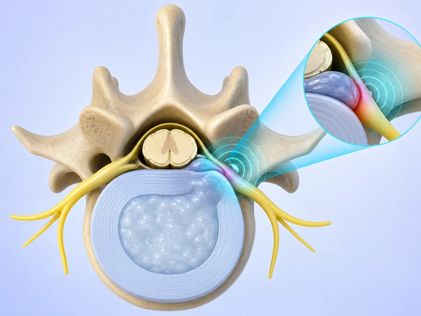 schéma d'une hernie foraminale comprimant la racine nerveuse dans le foramen