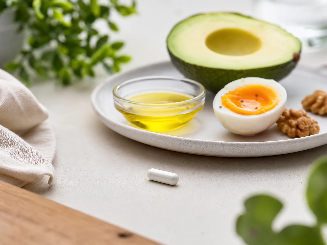 Gélule végétale posée à côté d'un repas contenant un corps gras, avocat et huile d'olive