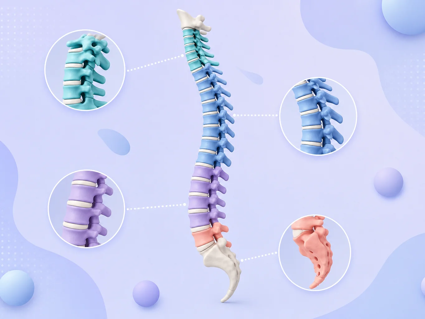anatomie de l'épine dorsale : cervicales, dorsales, lombaires, sacrum, coccyx
