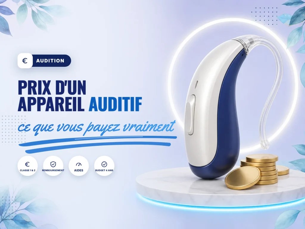 Prix d'un appareil auditif : appareil auditif posé à côté de pièces de monnaie