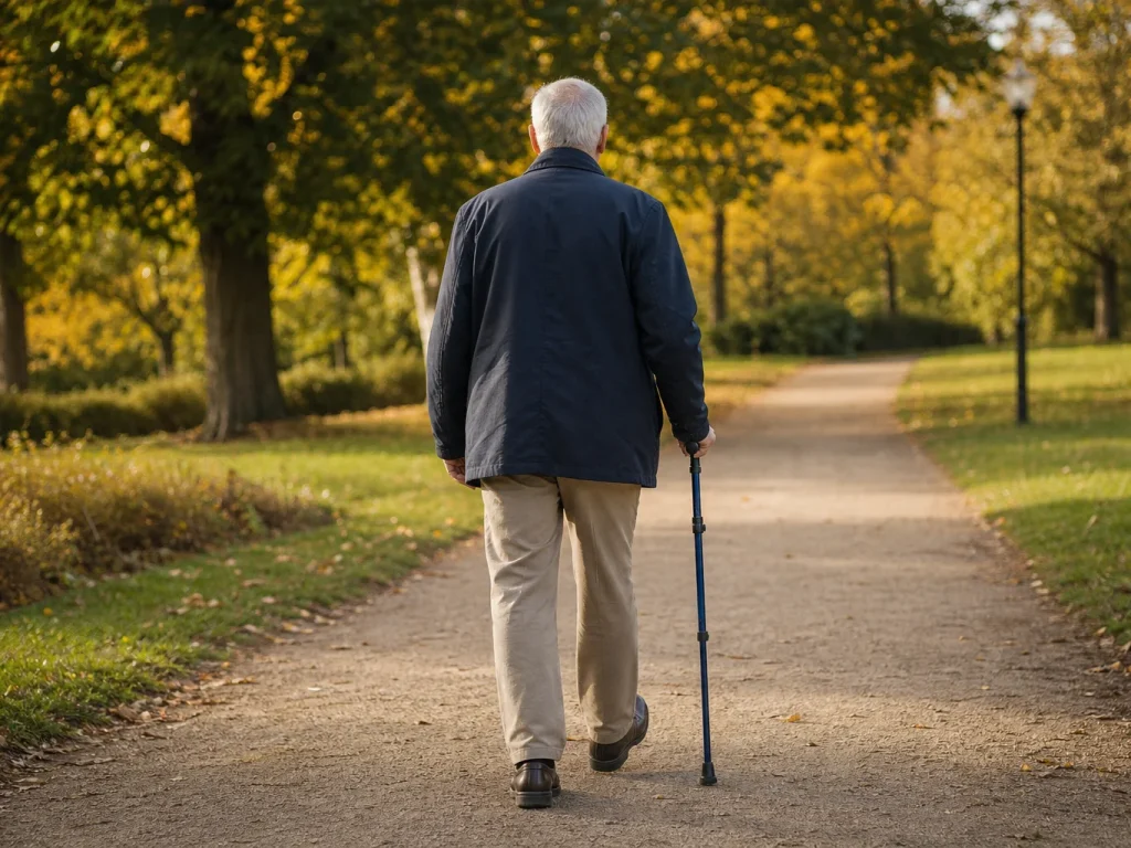Personne âgée qui marche avec une canne de marche sur un chemin de parc