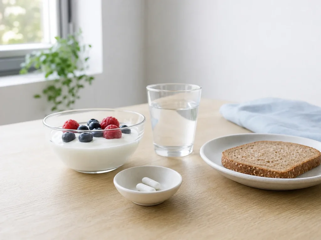 Gélules et verre d'eau à côté d'un petit-déjeuner léger